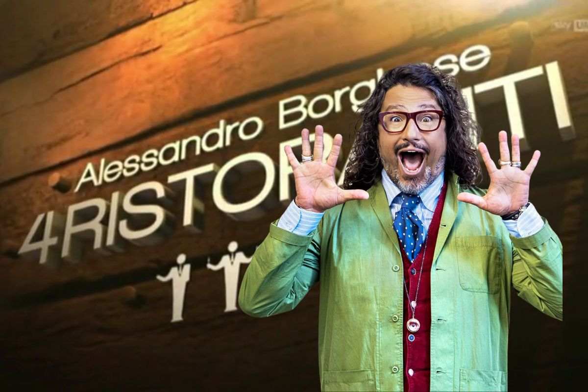 logo di 4 ristornati e Alessandro Borghese che imita una mossa di paura