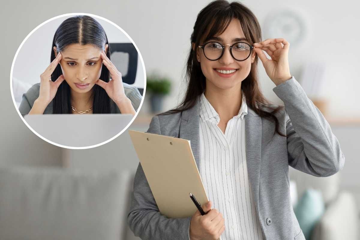 Donna con cartelletta, donna davanti computer
