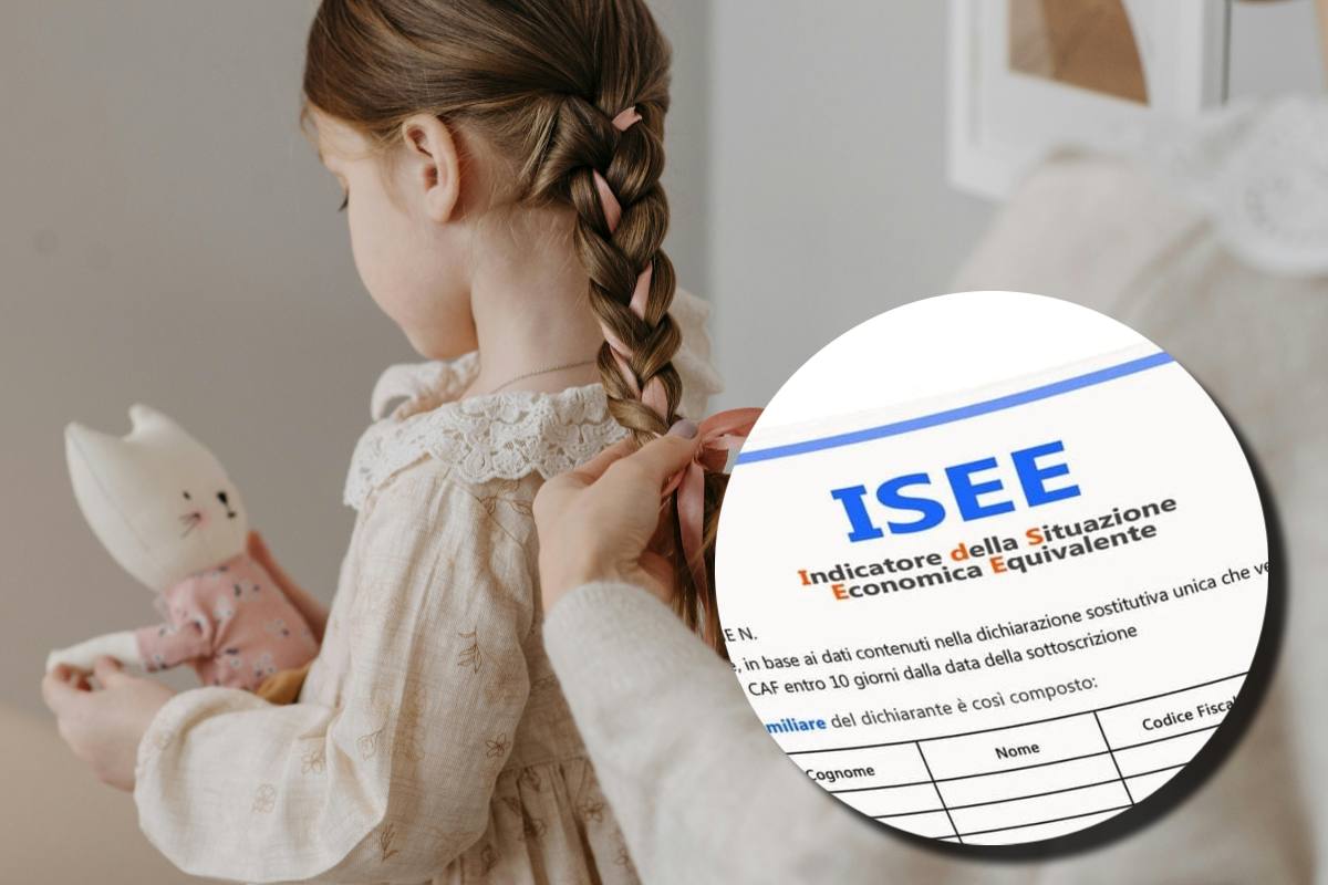 Una mamma che fa una treccia alla figlia e, in evidenza, un documento ISEE