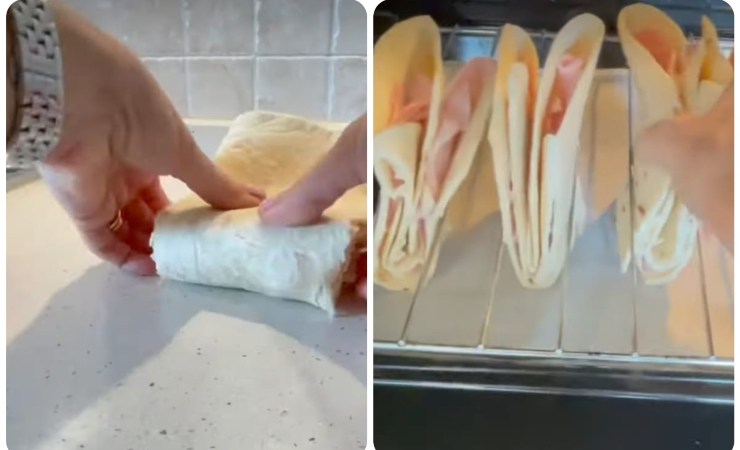 persona chiude piadina su teglia e piadine in forno su griglia 