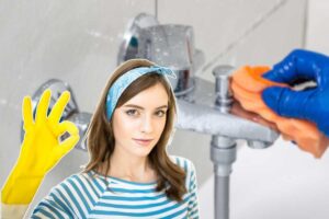 ragazza che fa segno ok e persona pulisce la doccia