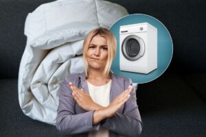 donna che dice no, lavatrice e trapunta