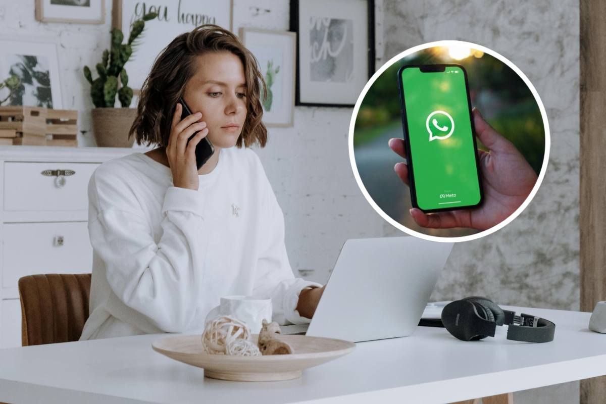 Una ragazza che parla al telefono al lavoro e, in evidenza, uno smartphone con WhatsApp