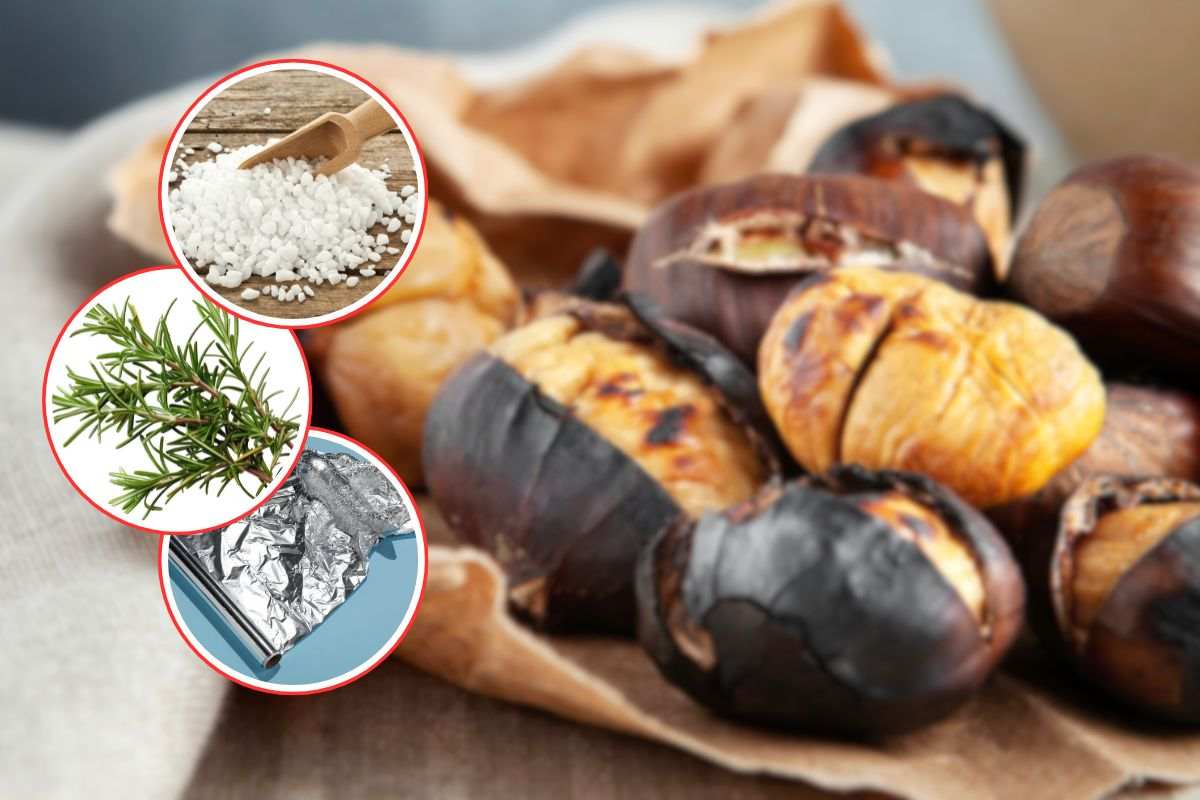 castagne, sale grosso, rosmarino e carta argentata
