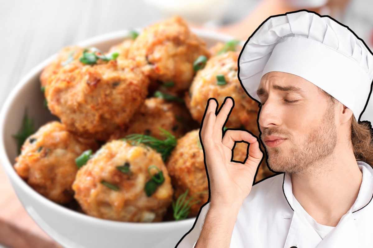 collage di polpette e chef in primo piano