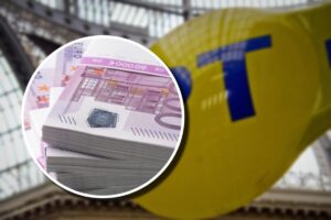 Il logo di Poste Italiane su un'insegna e, in evidenza, una mazzetta con banconote da 500 euro