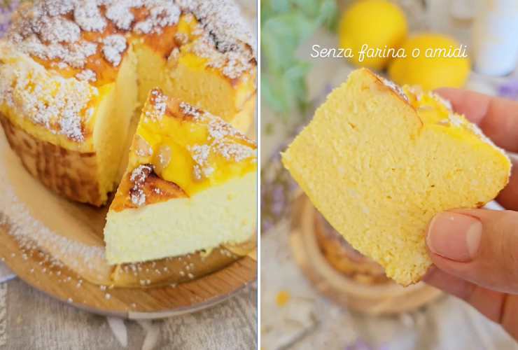 collage con torta al limone e ricotta e fetta di torta in mano