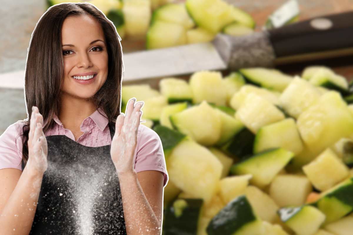 donna in primo piano e zucchine tagliate