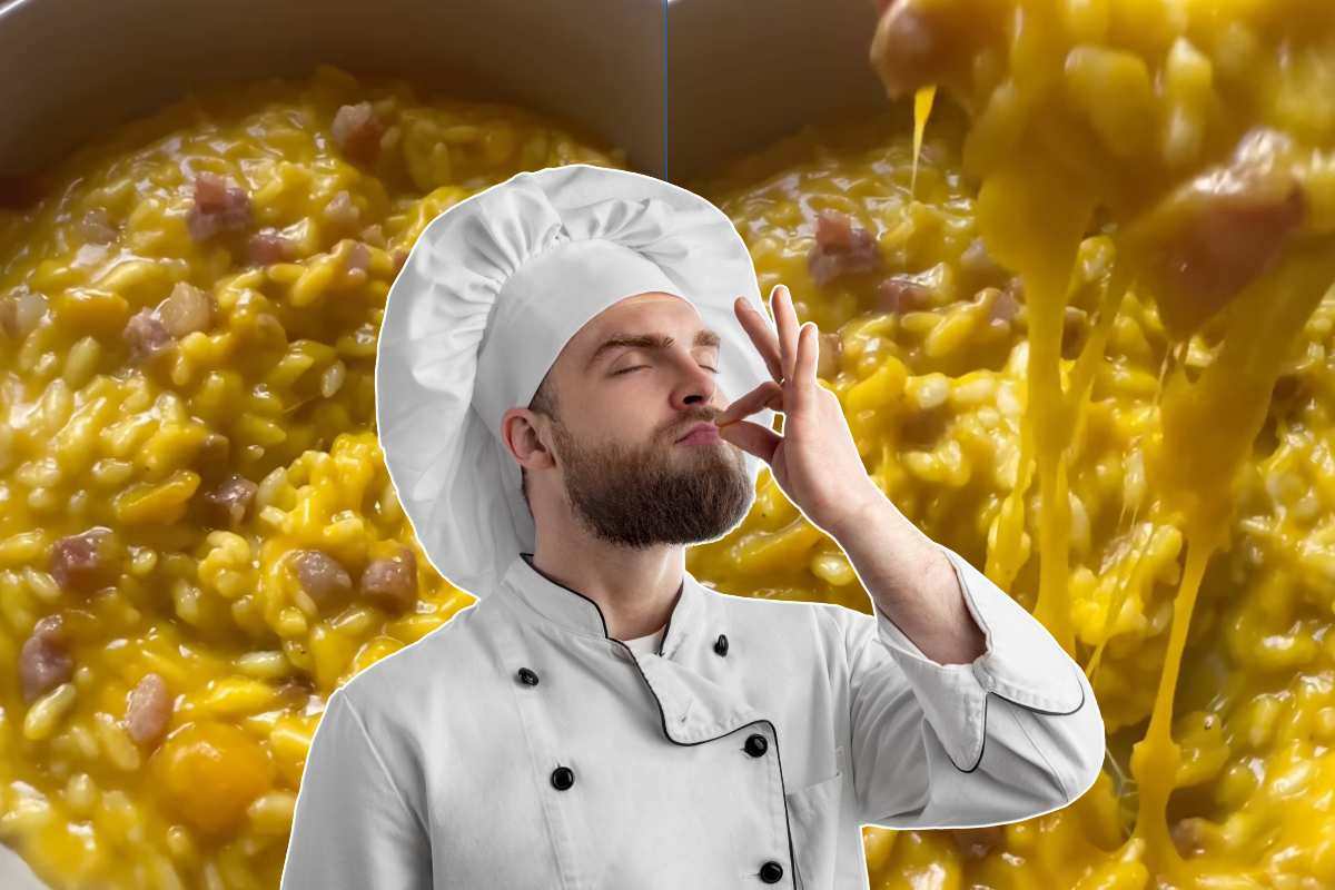 collage con risotto alla zucca e chef in primo piano