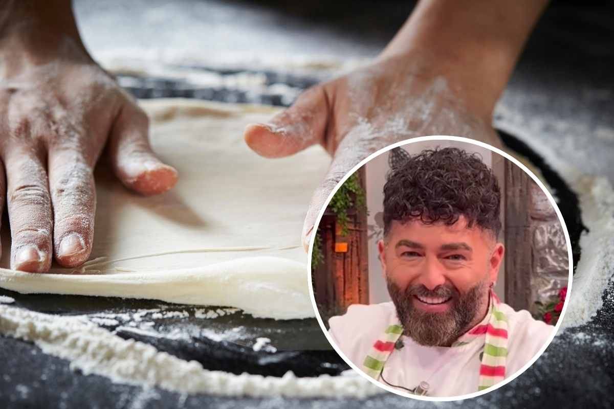 persona stende la pizza e pizzaiolo capuano nel riquadro