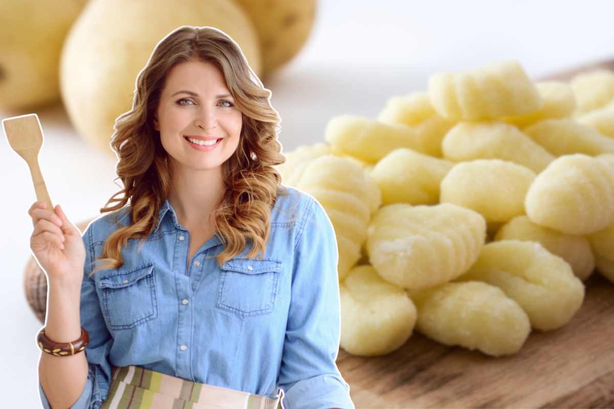 donna con mestolo e gnocchi di patate