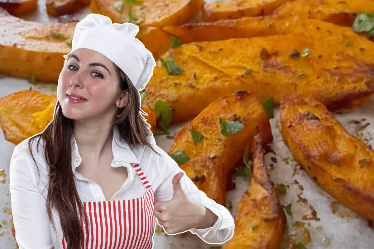 ragazza che fa segno "ok" con il pollice e zucca al forno