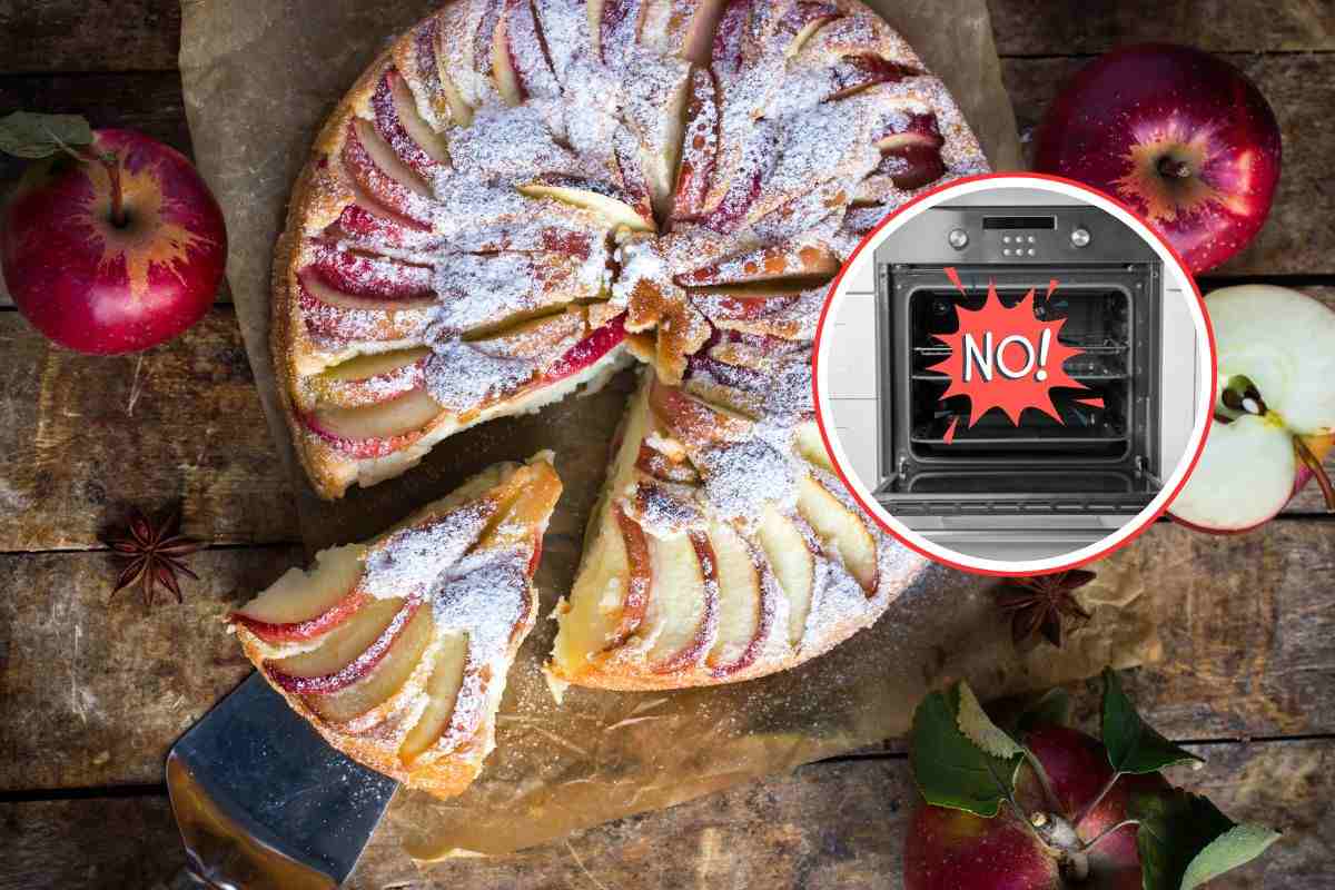 torta di mele e forno in un cerchio con una grafica in cui c'è scritto no