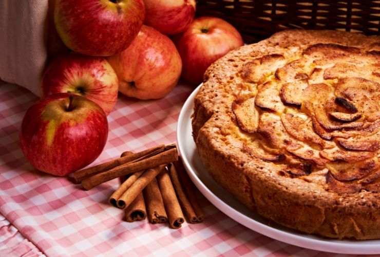 torta di mele su tovaglia a quadri con cannella e mele
