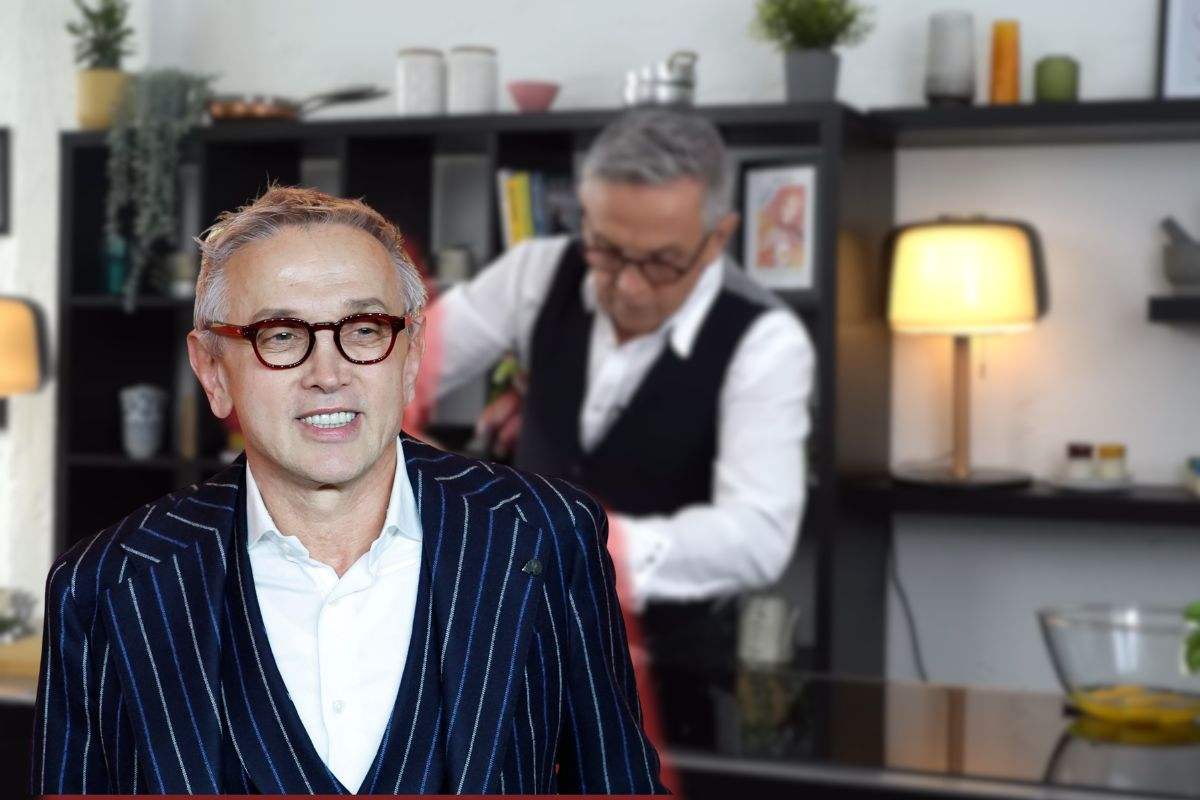 bruno barbieri che prepara una ricetta e foto di bruno barbieri in primo piano