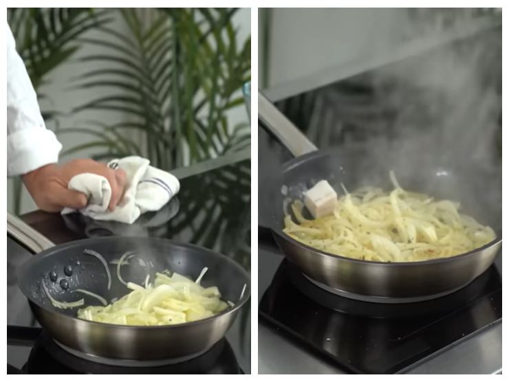 screenshot di un video in cui Barbieri prepara una fritta di cipolle